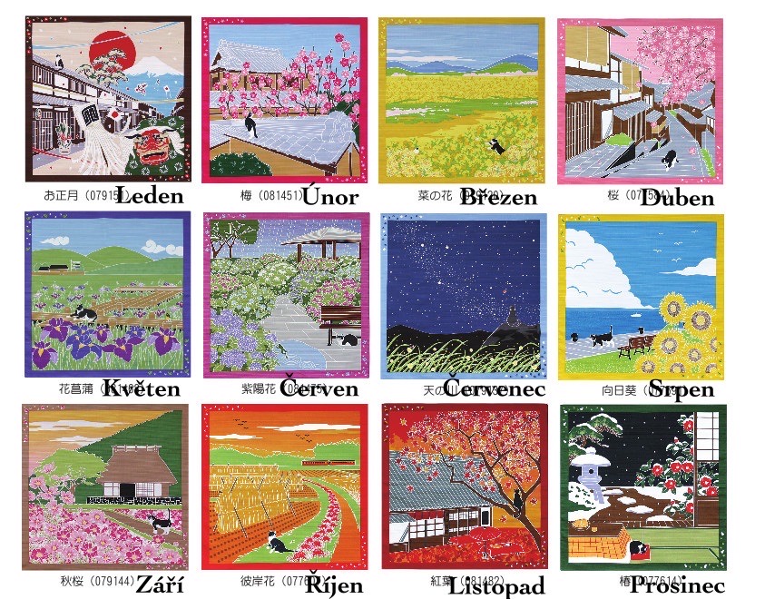 Furoshiki Kočka 12 vzorů 50x50 cm Březen